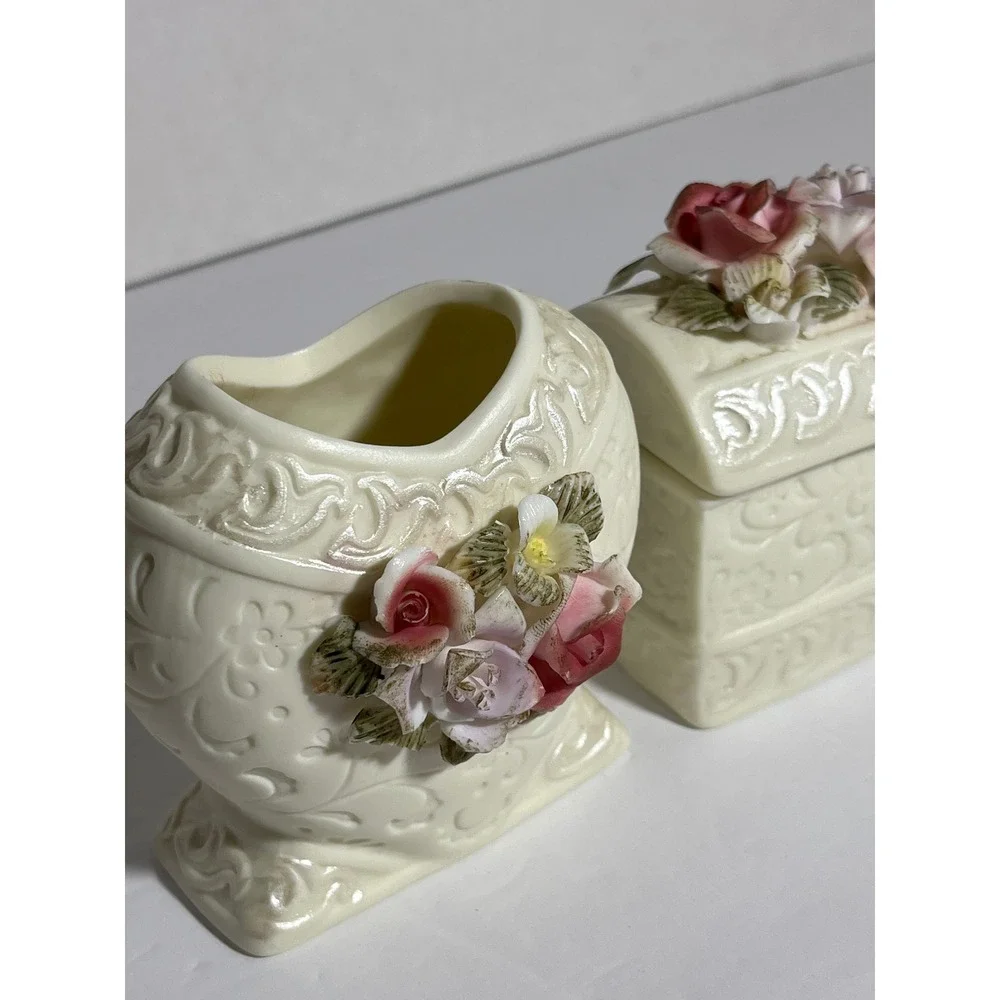 Vintage 90s Ceramic Vanity Set Cottagecore Heart Vase Trinket Box Brush Holder